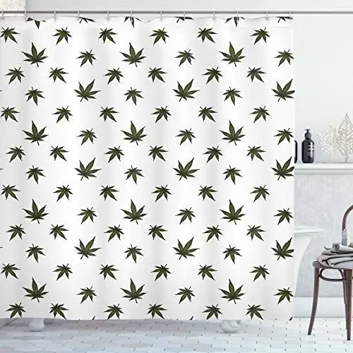 Produktbild: ABAKUHAUS Botanisch Duschvorhang, Hanf-Blätter Wiederholung, Stoffliches Gewebe Badezimmerdekorationsset mit Haken, 175 x 180 cm, Dunkelgrün Weiß