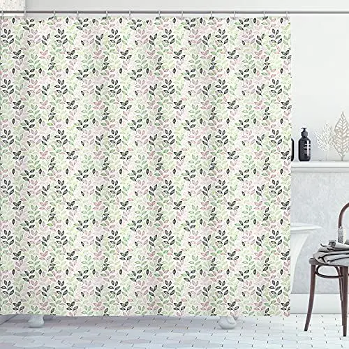Produktbild: ABAKUHAUS Botanische Duschvorhang, Kräuter-Tee Blätter Zeichnen, Stoffliches Gewebe Badezimmerdekorationsset mit Haken, 175 x 180 cm, Weiß und Mehrfarbig