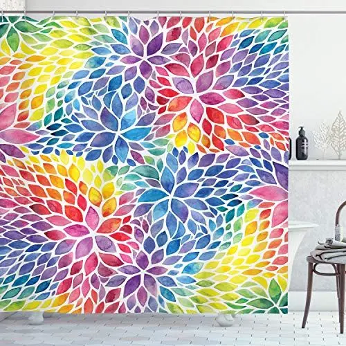 Produktbild: ABAKUHAUS Bunt Duschvorhang, Regenbogen farbige Blätter, Stoffliches Gewebe Badezimmerdekorationsset mit Haken, 175 x 200 cm, Gelb Mehrfarbig