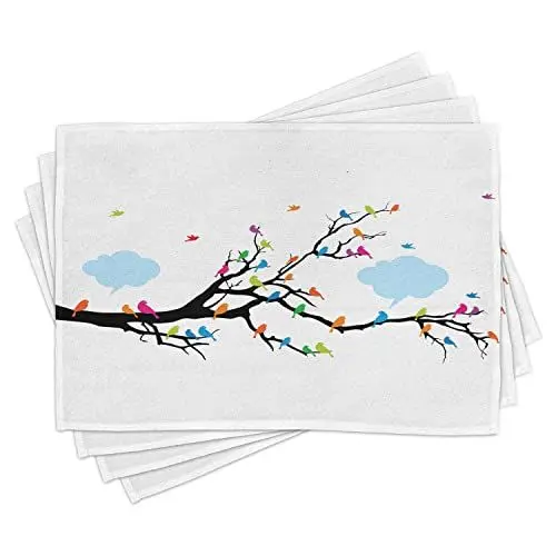Produktbild: ABAKUHAUS Bunt Platzmatten, Geflügelte Vögel, die auf dem blattlosen Winter-Baum mit flaumigen Wolken sitzen und tweenen, Tiscjdeco aus Farbfesten Stoff für das Esszimmer und Küch, Mehrfarbig