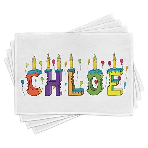 Produktbild: ABAKUHAUS Chloe Platzmatten, Beschriftung mit fröhlich gebissenen Kuchen Kerzen Girly Birthday Party Design Vorname, Tiscjdeco aus Farbfesten Stoff für das Esszimmer und Küch, Mehrfarbig