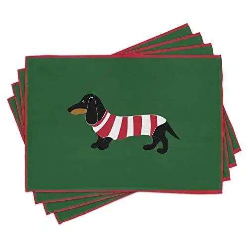 Produktbild: ABAKUHAUS Dackel Platzmatten, Abstrakter HundeCartoon-Entwurfs-Dackel-Welpe in abgestreiftem Hemd-lustigem Charakter, Tiscjdeco aus Farbfesten Stoff für das Esszimmer und Küch, Grün und Rot