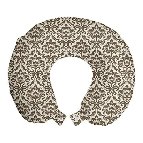 Produktbild: ABAKUHAUS Damast Reisekissen Nackenstütze, Antique Victorian Floral, Schaumstoff Reiseartikel für Flugzeug und Auto, 30x30 cm, Armee-Grün-Creme