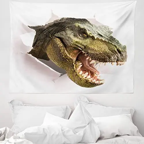 Produktbild: ABAKUHAUS Dinosaurier Wandteppich, Dino zerreißt Papier aus Weiches Mikrofaser Stoff Waschbar ohne Verblassen Digitaldruck, 150 x 110 cm, Armeegrün Weiß