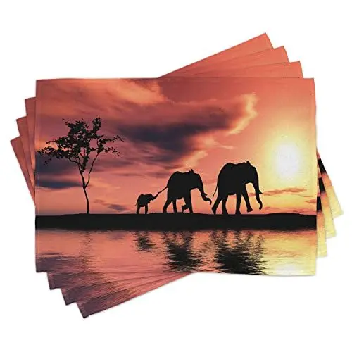 Produktbild: ABAKUHAUS Elefant Platzmatten, Safari Wild Animals, Waschbare Stoff Esszimmer Küche Tischdekorations Digitaldruck, Lachsschwarz