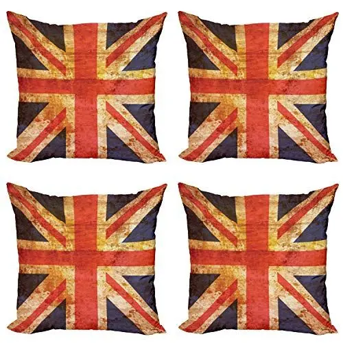 Produktbild: ABAKUHAUS England Dekokissen Kissenbezug 4er Pack, Union Jack Motiv Grunge, Modern Accent Doppelseitiger Digitaldruck, 45 x 45 cm, Nachtblau Zinnoberrot