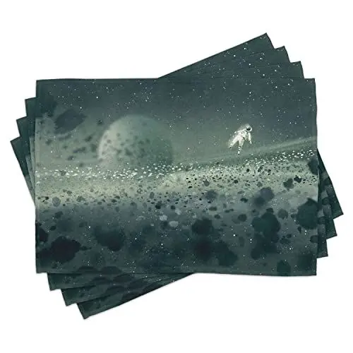 Produktbild: ABAKUHAUS Fantasie Platzmatten, Mondreise eines Astronauten auf dem Weltraum Weltraum Asteroid Feld Universum, Tiscjdeco aus Farbfesten Stoff für das Esszimmer und Küch, Weiß Grau