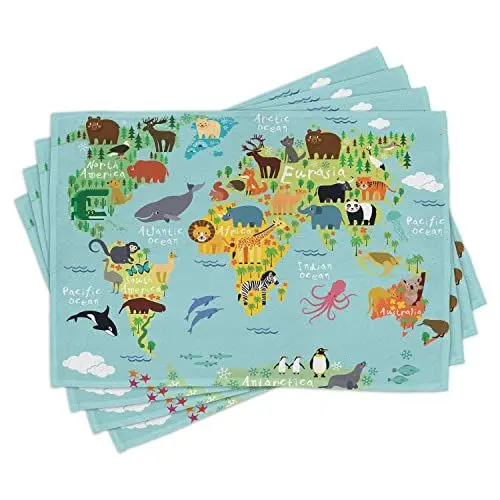 Produktbild: ABAKUHAUS Fernweh Platzmatten, Cartoon für Kinder Tiere der Welt Exotische Fauna mit Ozean und Flora, Waschbare Stoff Esszimmer Küche Tischdekorations Digitaldruck, Hellblau