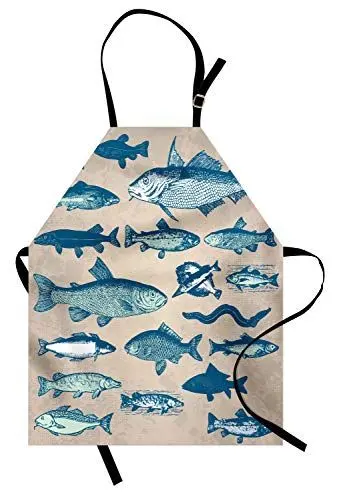 Produktbild: ABAKUHAUS Fisch Kochschürze, Grunge Stil Maritim Nautisch Meeresfrüchte Thema Effekt Illustration Muster, Höhenverstellbar Klare Farben ohne verblassen, Beige Aqua