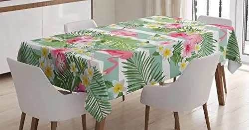 Produktbild: ABAKUHAUS Flamingo Tischdecke, Exotische Hawaii-Blatt, Wasserfest Waschbar mit Klar Sichtbaren Farben kein Verblassen Personalisiert, 140 x 170 cm, Grünes Rosa Weiß