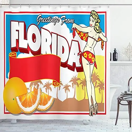 Produktbild: ABAKUHAUS Florida Duschvorhang, Pin-up-Girl und Orangen, Stoffliches Gewebe Badezimmerdekorationsset mit Haken, 175 x 180 cm, Rot Gelb
