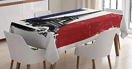 Produktbild: ABAKUHAUS Frankreich Tischdecke, Grunge Flag Eiffelturm, Personalisierter Druck Klare Farben ohne Verblassen Waschbar für Außen Bereich, 140 x 170 cm, Kokosnuss Zinnoberrot