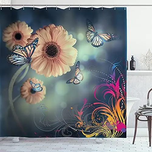 Produktbild: ABAKUHAUS Frühling Duschvorhang, Gerber Blütenblätter Schmetterlinge, Stoffliches Gewebe Badezimmerdekorationsset mit Haken, 175 x 180 cm, Blau