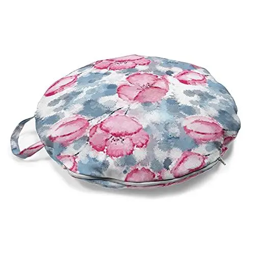 Produktbild: ABAKUHAUS Frühling Rundes Bodenkissen mit Griff, Blumenart-Aquarell-Kunst, dekoratives Kissen für Wohnzimmer & Schlafsäle, 45 cm, Blau, Grau und Rosa