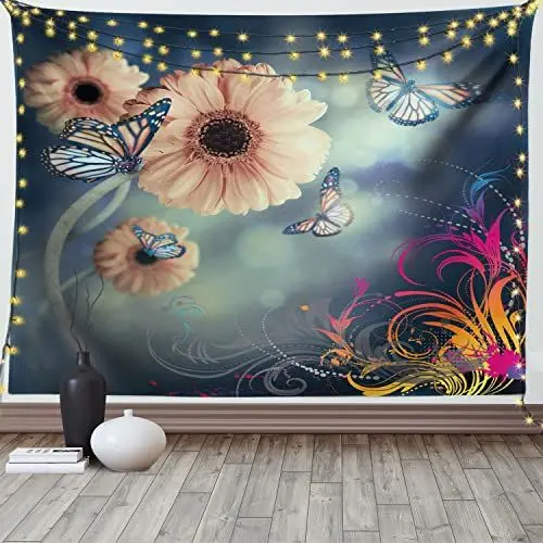 Produktbild: ABAKUHAUS Frühling Wandteppich, Gerber Blütenblätter Schmetterlinge, Wohnzimmer Schlafzimmer Heim Seidiges Satin Wandteppich, 150 x 100 cm, blau Peach