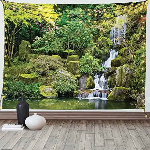 Produktbild: ABAKUHAUS Garten Wandteppich, Teich im Stil Garten Arboretum Bäume Busch Laub Felsen Wasserlandschaft Bild, aus Weiches Mikrofaser Stoff Wand Dekoration Für Schlafzimmer, 150 x 110 cm, Grün Weiß