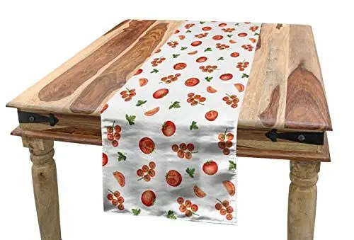 Produktbild: ABAKUHAUS Gemüse Tischläufer, Kirschtomaten-Petersilie, Esszimmer Küche Rechteckiger Dekorativer Tischläufer, 40 x 300 cm, Zinnoberrot und Grün