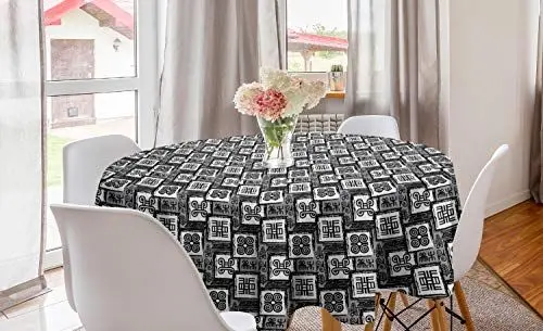 Produktbild: ABAKUHAUS Geometrisch Runde Tischdecke, Kultur Adinkra Ashanti, Kreis Tischdecke Abdeckung für Esszimmer Küche Dekoration, 150 cm, Weiß schwachgrau