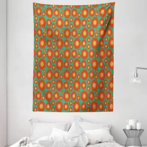 Produktbild: ABAKUHAUS Gerber Daisy Wandteppich, Sommer-Blumenblätter, Wohnzimmer Schlafzimmer Wandtuch Seidiges Satin Wandteppich, 150 x 200 cm, Sea Green Vermilion