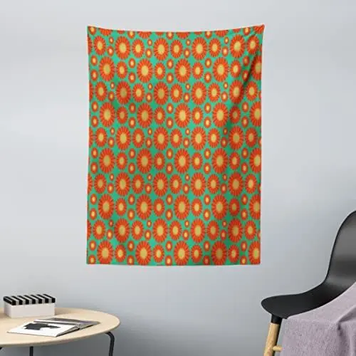Produktbild: ABAKUHAUS Gerber Daisy Wandteppich, Sommer-Blumenblätter, aus Weiches Mikrofaser Stoff Für das Wohn und Schlafzimmer, 110 x 150 cm, Sea Green Vermilion