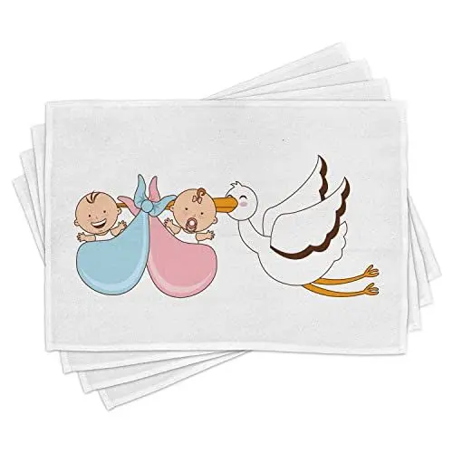 Produktbild: ABAKUHAUS Geschlecht offenbaren Platzmatten, Babys mit Storch Mythische Gratulation Spielzimmer Baby Shower Kids Theme, Tiscjdeco aus Farbfesten Stoff für das Esszimmer und Küch, Mehrfarbig
