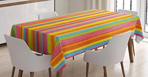 Produktbild: ABAKUHAUS Gestreift Tischdecke, Vertikale Bunte Zeilen, Pflegeleicht Waschbar Schmutzabweisend und mit Klaren Farben Hochwertiger Druck, 140 x 200 cm, Orange Blau
