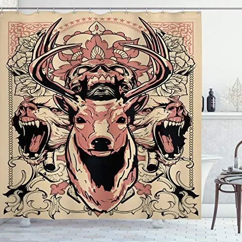 Produktbild: ABAKUHAUS Geweih Duschvorhang, Blumenschädel und Wölfe, Stoffliches Gewebe Badezimmerdekorationsset mit Haken, 175 x 200 cm, Schwarz Beige Rosa