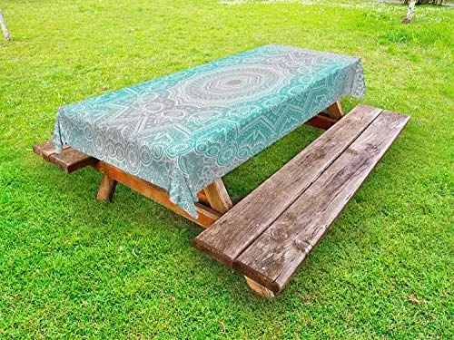Produktbild: ABAKUHAUS Grau und Türkis Outdoor-Tischdecke, Ombre Ethnic, dekorative waschbare Picknick-Tischdecke, 145 x 210 cm, Türkis Grau