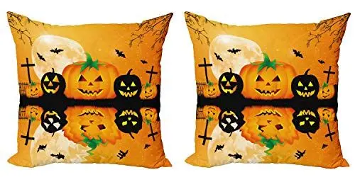 Produktbild: ABAKUHAUS Halloween Dekokissen Kissenbezug 2er Pack, Scary Pumpkin, Modern Accent Doppelseitiger Digitaldruck, 60x60, Schwarz