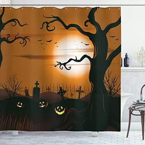 Produktbild: ABAKUHAUS Halloween Duschvorhang, Scary Friedhof, Stoffliches Gewebe Badezimmerdekorationsset mit Haken, 175 x 200 cm, Brown Tan