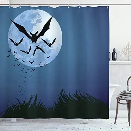 Produktbild: ABAKUHAUS Halloween Duschvorhang, Wolke schlägt Fliegen, Stoffliches Gewebe Badezimmerdekorationsset mit Haken, 175 x 240 cm, Nachtblau Schwarz Grau