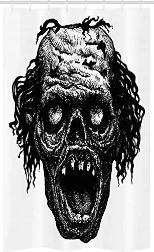 Produktbild: ABAKUHAUS Halloween Schmaler Duschvorhang, Zombie Böse Kopf Muster, Badezimmer Deko Set aus Stoff mit Haken, 120 x 180 cm, Schwarz Dunkelgrau