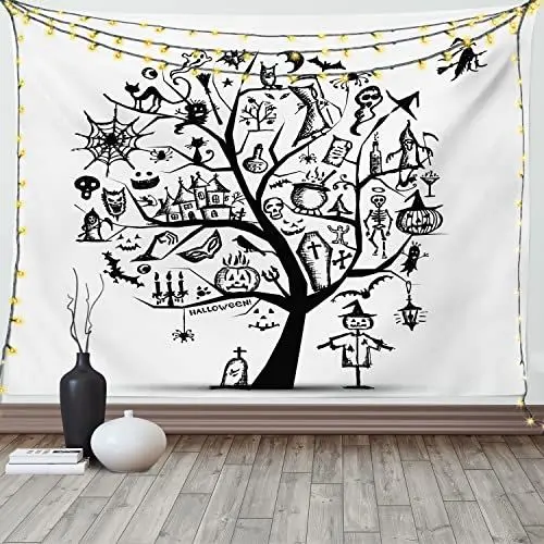 Produktbild: ABAKUHAUS Halloween Wandteppich, Sketchy Spooky Baum Scary Design Objekte und böse Hexe Besen abstrakt, aus Weiches Mikrofaser Stoff Wand Dekoration Für Schlafzimmer, 150 x 110 cm, Schwarz Weiß