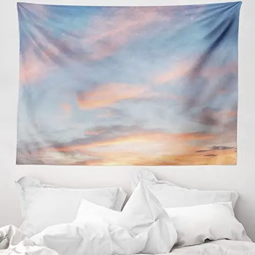 Produktbild: ABAKUHAUS Himmel Wandteppich, Wolken Sonnenuntergang aus Weiches Mikrofaser Stoff Waschbar ohne Verblassen Digitaldruck, 150 x 110 cm, Blassblau Gelb Pfirsich