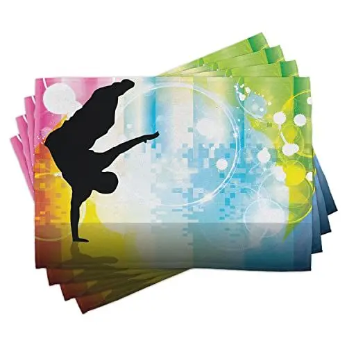 Produktbild: ABAKUHAUS Hiphop Platzmatten, Illustration von Breakdancer einerseits Stehen mit Buntem flippigem Disco-Hintergrund, Tiscjdeco aus Farbfesten Stoff für das Esszimmer und Küch, Mehrfarbig