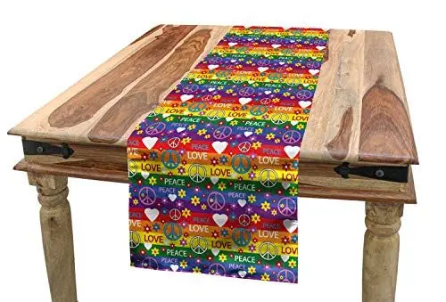 Produktbild: ABAKUHAUS Hippie Tischläufer, Herz-Friedens-Ikone festlich, Esszimmer Küche Rechteckiger Dekorativer Tischläufer, 40 x 180 cm, Mehrfarbig