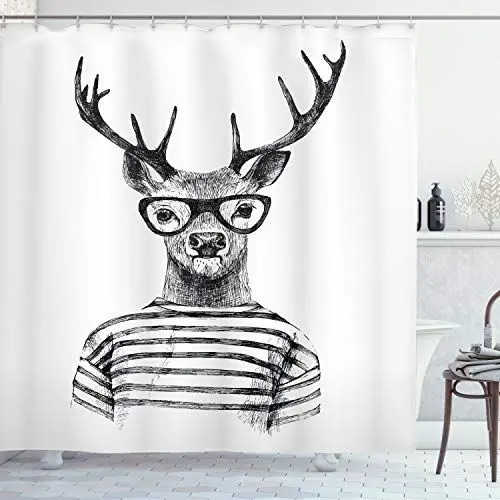 Produktbild: ABAKUHAUS Hirsch Duschvorhang, Rentier-Kopf-menschlicher Hipster, Stoffliches Gewebe Badezimmerdekorationsset mit Haken, 175 x 200 cm, Grau Weiß