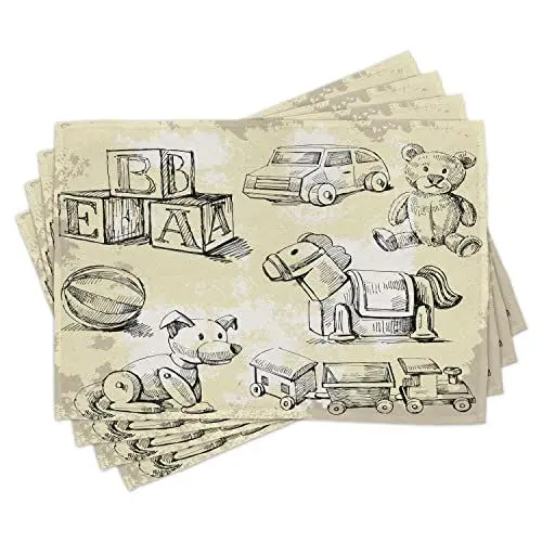 Produktbild: ABAKUHAUS Jahrgang Platzmatten, Illustration von Kinder Alten Spielwaren auf Grunge-Einstellung Teddy Bear Train Ball Childhood, Digitaldruck auf Waschbaren Stoff Tischdekoration Küche, Beige Schwarz