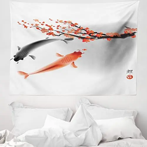 Produktbild: ABAKUHAUS Japanisch Wandteppich, Koi Karpfen Fisch Paar Schwimmen Kirschblüte Sakura Zweig Kultur Design, aus Weiches Mikrofaser Stoff Wand Dekoration Für Schlafzimmer, 150 x 110 cm, Orange Grau