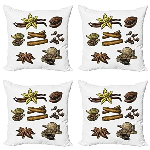 Produktbild: ABAKUHAUS Kakao Kissenbezug Set (4 Stück), Zimt Anisstern Kardamom, moderner doppelseitiger Digitaldruck, 60 cm, Braun, Grün, Gelb
