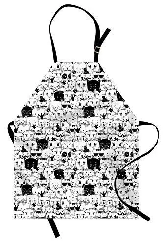 Produktbild: ABAKUHAUS Katze Kochschürze, Doodle Cute Kitty Gesichter lustige Hipster Tierköpfe Humor Comic Whiskers Meow Theme, Farbfest Höhenverstellbar Waschbar Klarer Digitaldruck, Weiß und Schwarz