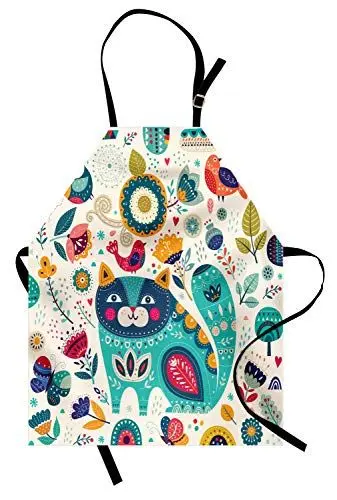 Produktbild: ABAKUHAUS Tier Kochschürze, Katze mit Vögeln, Unisex-Küchenlätzchen mit verstellbarem Hals für Kochen Gartenarbeit, 67 cm x 80 cm, Türkis