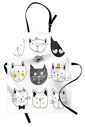 Produktbild: ABAKUHAUS Katze Kochschürze, Katzen mit Fisch, Unisex-Küchenlätzchen mit verstellbarem Hals für Kochen Gartenarbeit, 67 cm x 80 cm, Gelb Schwarz