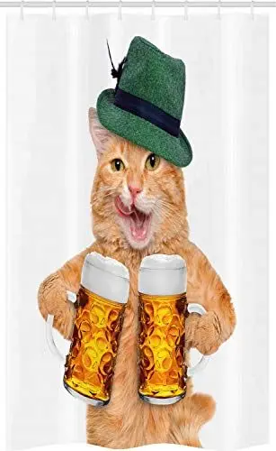 Produktbild: ABAKUHAUS Katze Schmaler Duschvorhang, Kater Hut Bierkrug Lustig, Badezimmer Deko Set aus Stoff mit Haken, 120 x 180 cm, Mehrfarbig
