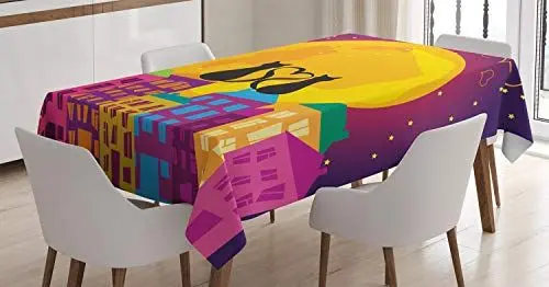 Produktbild: ABAKUHAUS Katze Tischdecke, Katzen auf dem Dach Herz, Pflegeleicht Waschbar Schmutzabweisend und mit Klaren Farben Hochwertiger Druck, 140 x 200 cm, Orange Lila