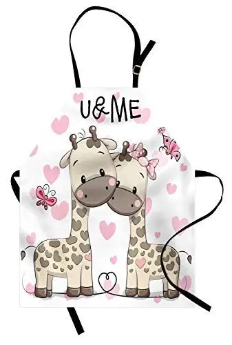 Produktbild: ABAKUHAUS Kinder Kochschürze, Niedliches Giraffen-Baby in der reinen Liebe mit Schmetterlings-und Herz-Bogen-Kunst-Druck, Höhenverstellbar Maschienenwaschbar Kein verblassen, Weiß Grau und Rosa