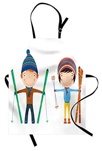 Produktbild: ABAKUHAUS Kinder Sport Kochschürze, Lustiges Geschwister-Mädchen und Junge mit Ski-Winter-Spaß-Hobby-Tätigkeits-Kinderdruck, Farbfest Höhenverstellbar Waschbar Klarer Digitaldruck, Mehrfarbig