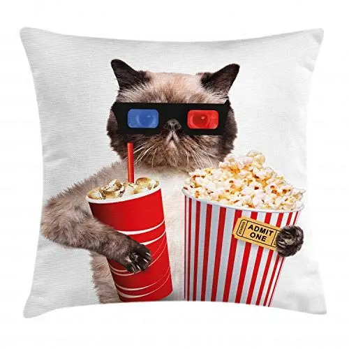 Produktbild: ABAKUHAUS Kino Kissenbezug, Cat Popcorn, Beidseitiges Digitaldruck mit Reißverschluß Farbfest Pflegeleicht und Waschbar, 40 x 40 cm, Weiß Rot