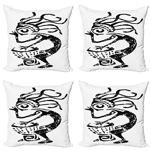 Produktbild: ABAKUHAUS Kokopelli Kissenbezug Set (4 Stück), Cave Motiv Darbuka Musik, moderner doppelseitiger Digitaldruck, 60 cm, Charcoal Grau Weiß