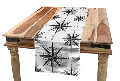 Produktbild: ABAKUHAUS Kompass Tischläufer, Monochrome Windrose, Esszimmer Küche Rechteckiger Dekorativer Tischläufer, 40 x 180 cm, Grau Weiß